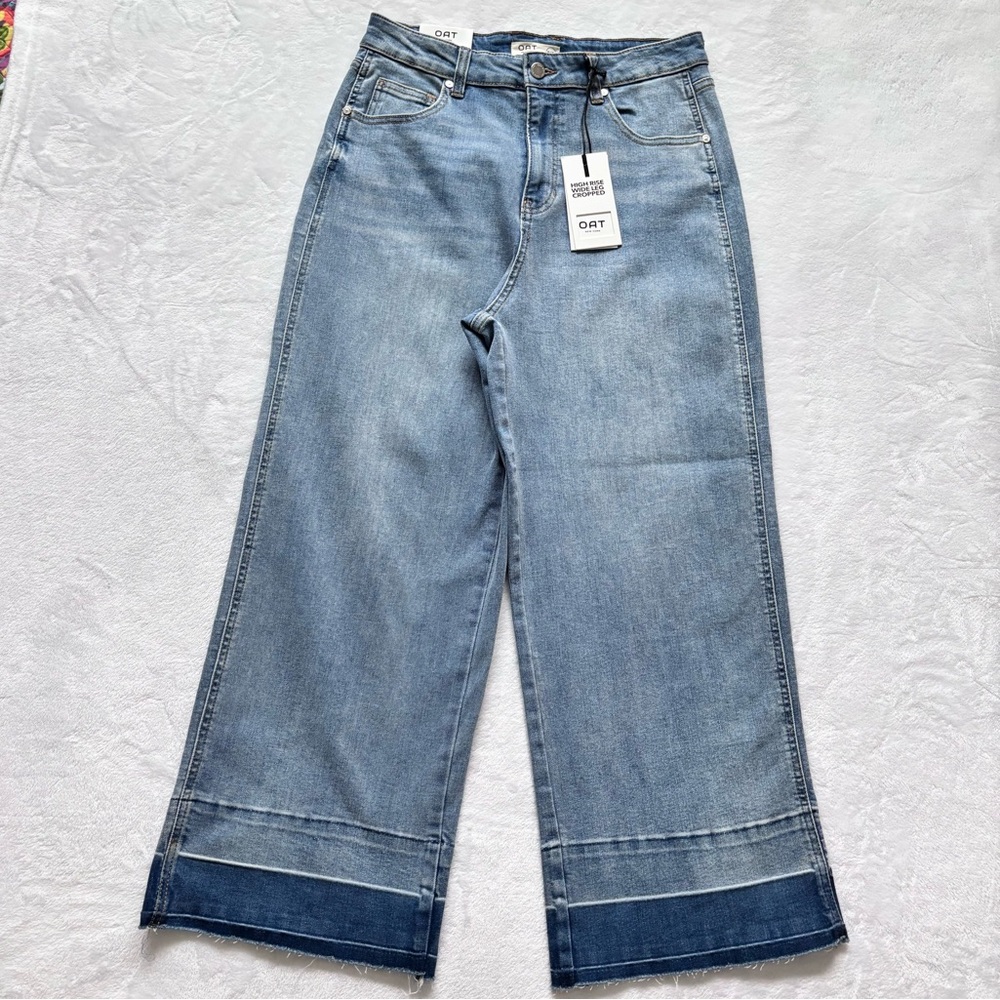 OAT High Rise Wide Leg Release Hem Cropped Blue Jeans--8/29